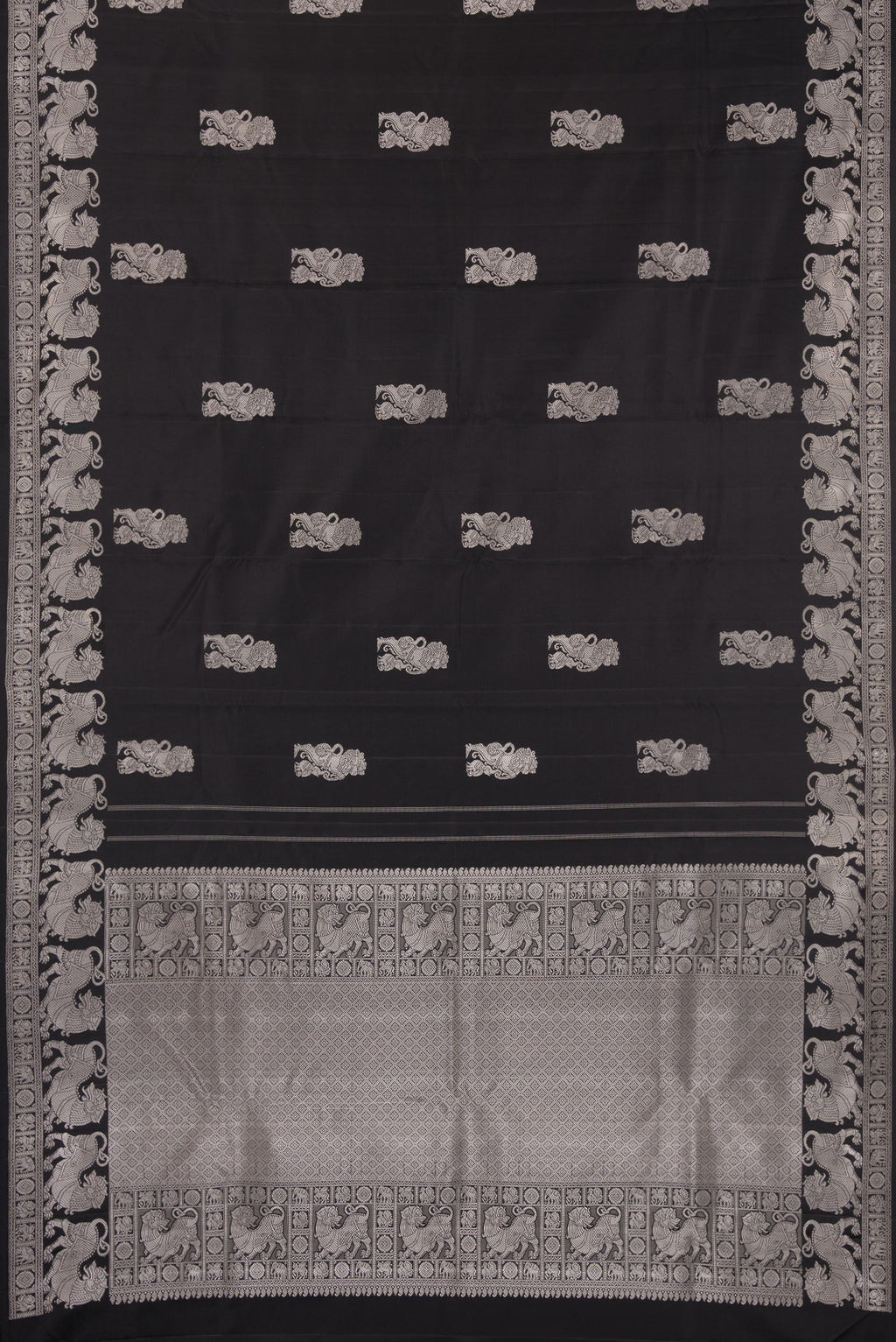 Flat view of Pure Silk Black Dual Tone Kanjivaram Saree with Thread Butta on the body and Fancy Border. 