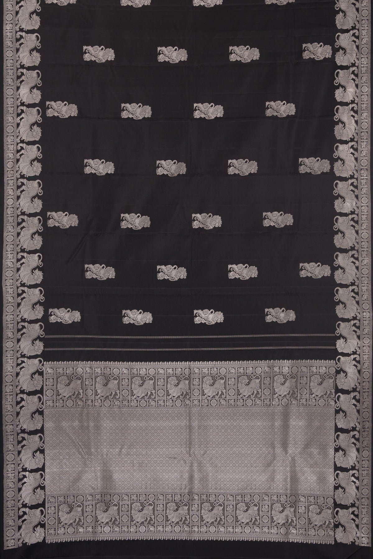 Flat view of Pure Silk Black Dual Tone Kanjivaram Saree with Thread Butta on the body and Fancy Border. 