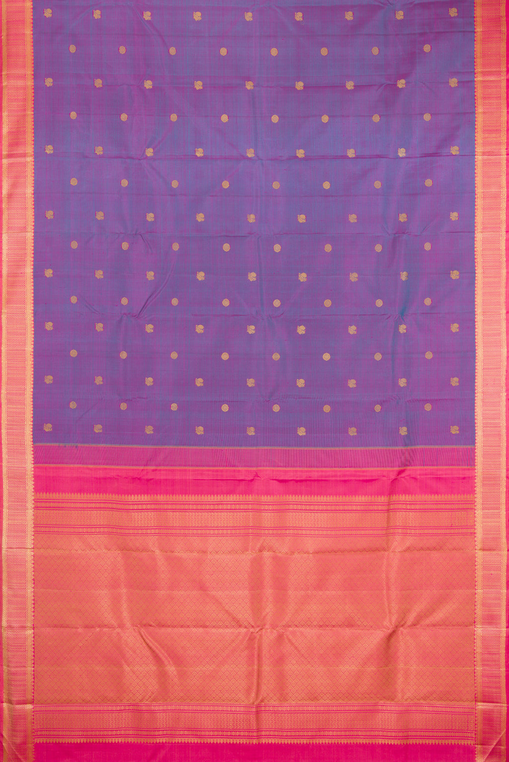 Flat view of Lavender Dual Tone Kanjivaram Silk Saree with Thread Butta on the body and Thread Border. 