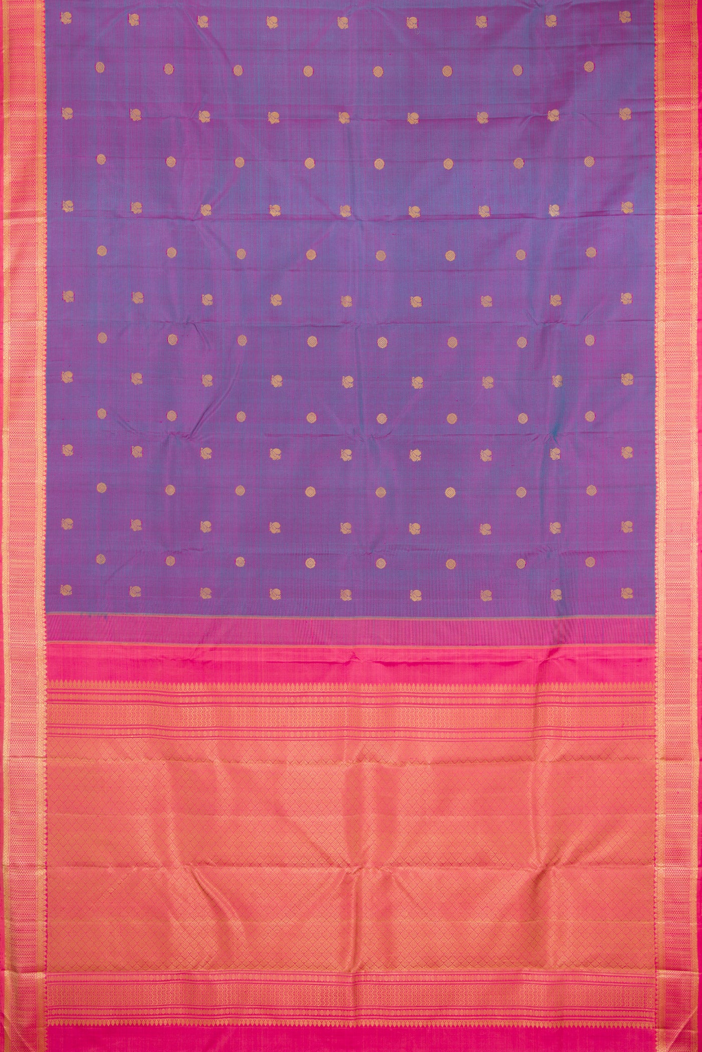 Flat view of Lavender Dual Tone Kanjivaram Silk Saree with Thread Butta on the body and Thread Border. 