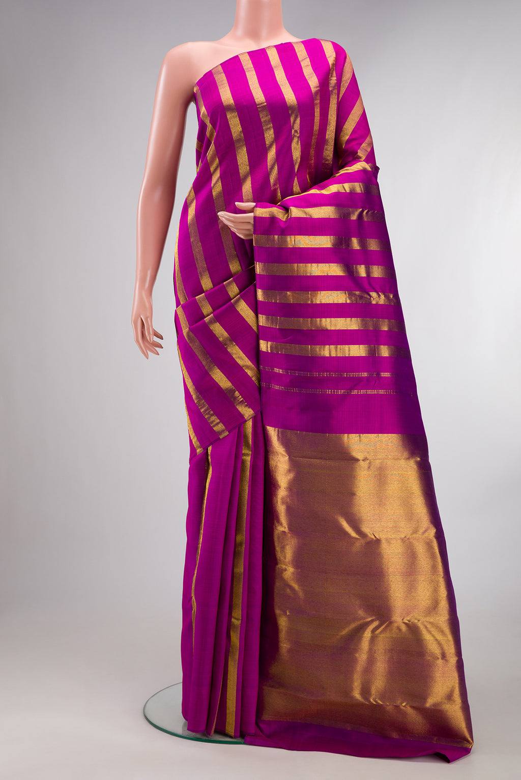 Pure Silk Light Magenta Dual Tone Kanjivaram Saree with Stripes on the body and Without Border.  displayed on a mannequin