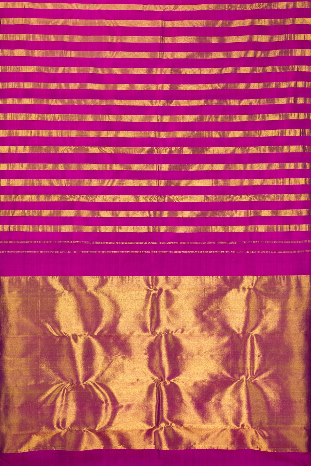Flat view of Pure Silk Light Magenta Dual Tone Kanjivaram Saree with Stripes on the body and Without Border. 