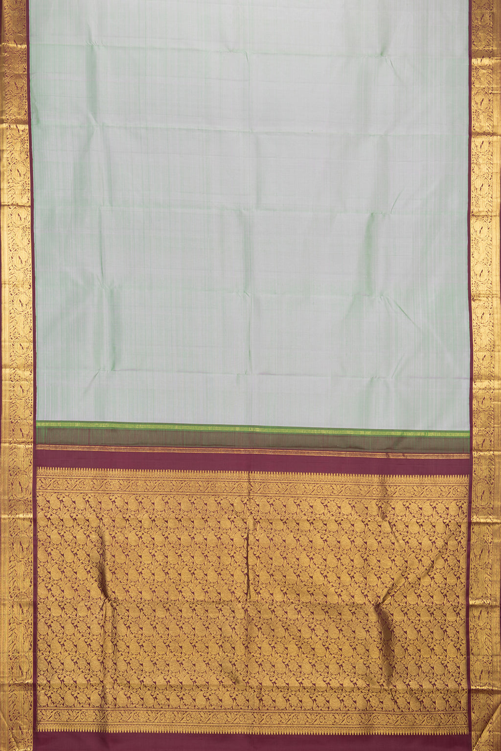 Flat view of Pure Silk Pista Green Dual Tone Kanjivaram Saree with Plain Body and Zari Border. 