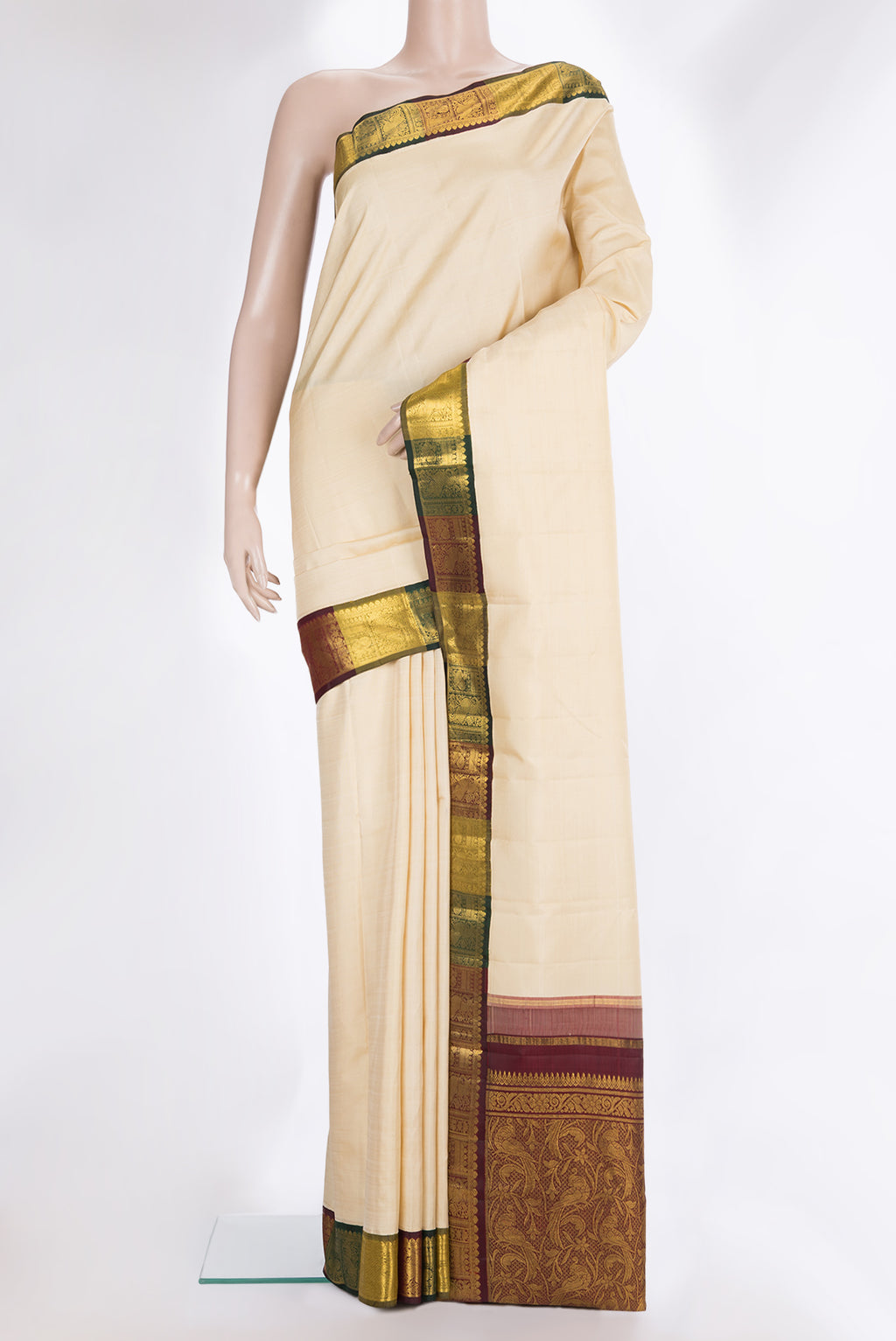 Pure Silk Sandal Dual Tone Kanjivaram Saree with Plain Body and Zari Border.  displayed on a mannequin