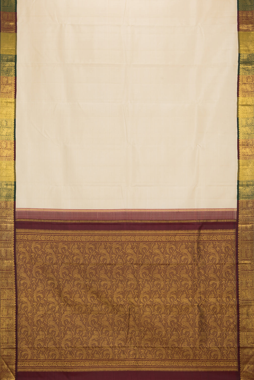 Flat view of Pure Silk Sandal Dual Tone Kanjivaram Saree with Plain Body and Zari Border. 