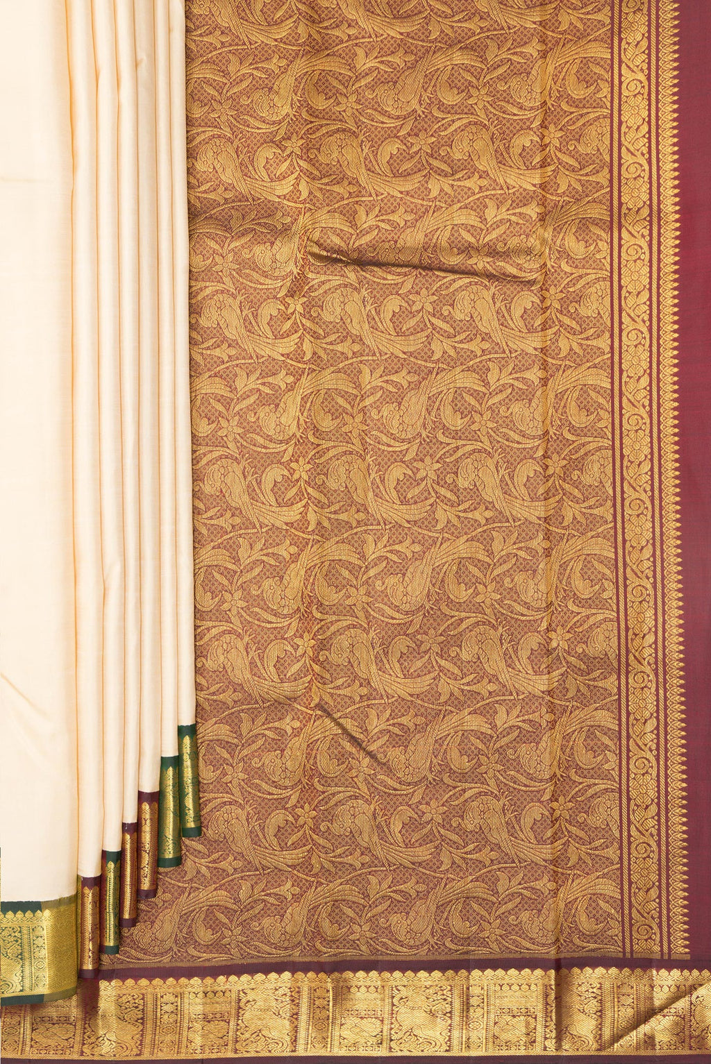 Pleats and pallu of Pure Silk Sandal Dual Tone Kanjivaram Saree with Plain Body and Zari Border. 