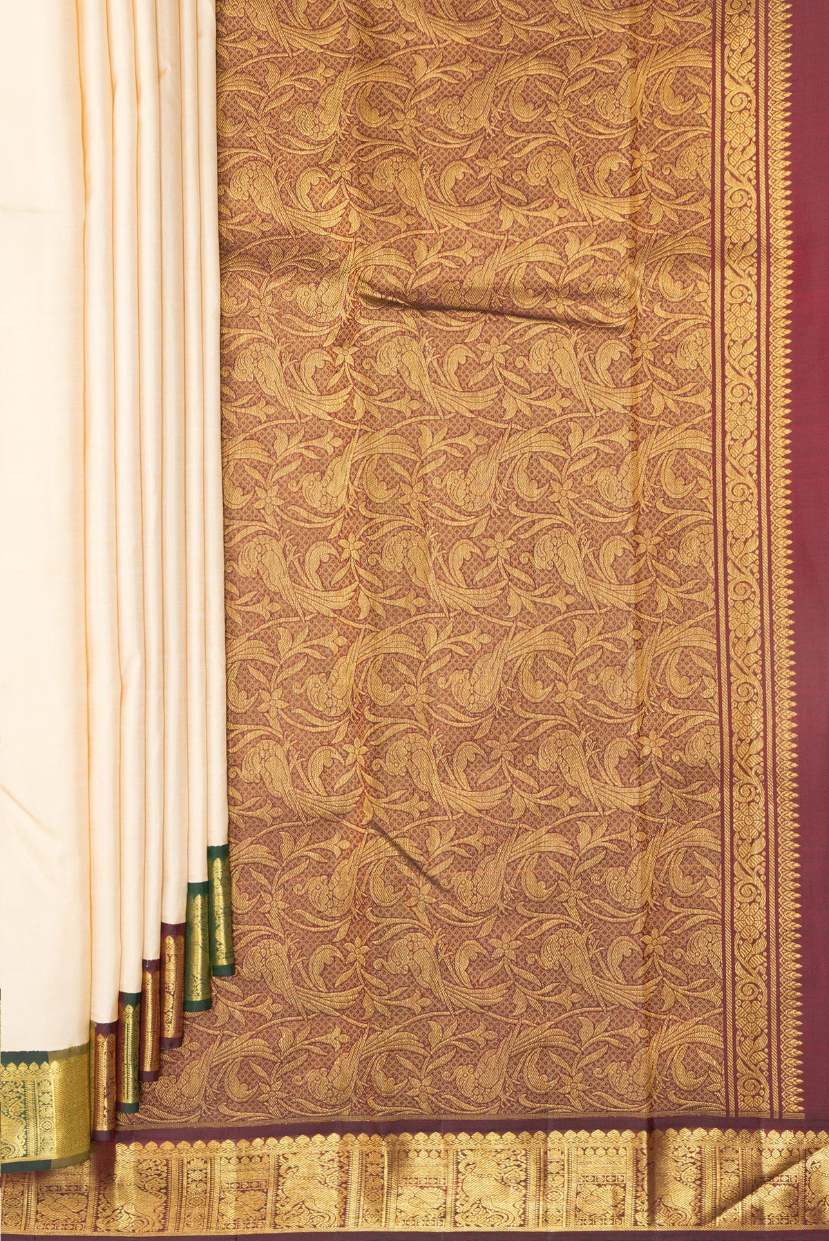 Pleats and pallu of Pure Silk Sandal Dual Tone Kanjivaram Saree with Plain Body and Zari Border. 