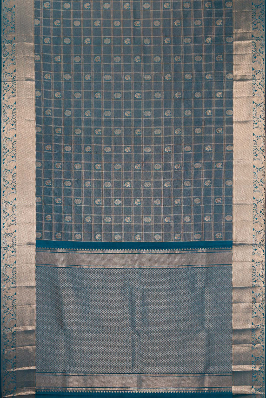 Flat view of Pure Silk Teal Dual Tone Kanchipuram Saree with Zari Brocade on the body and Zari Border. 