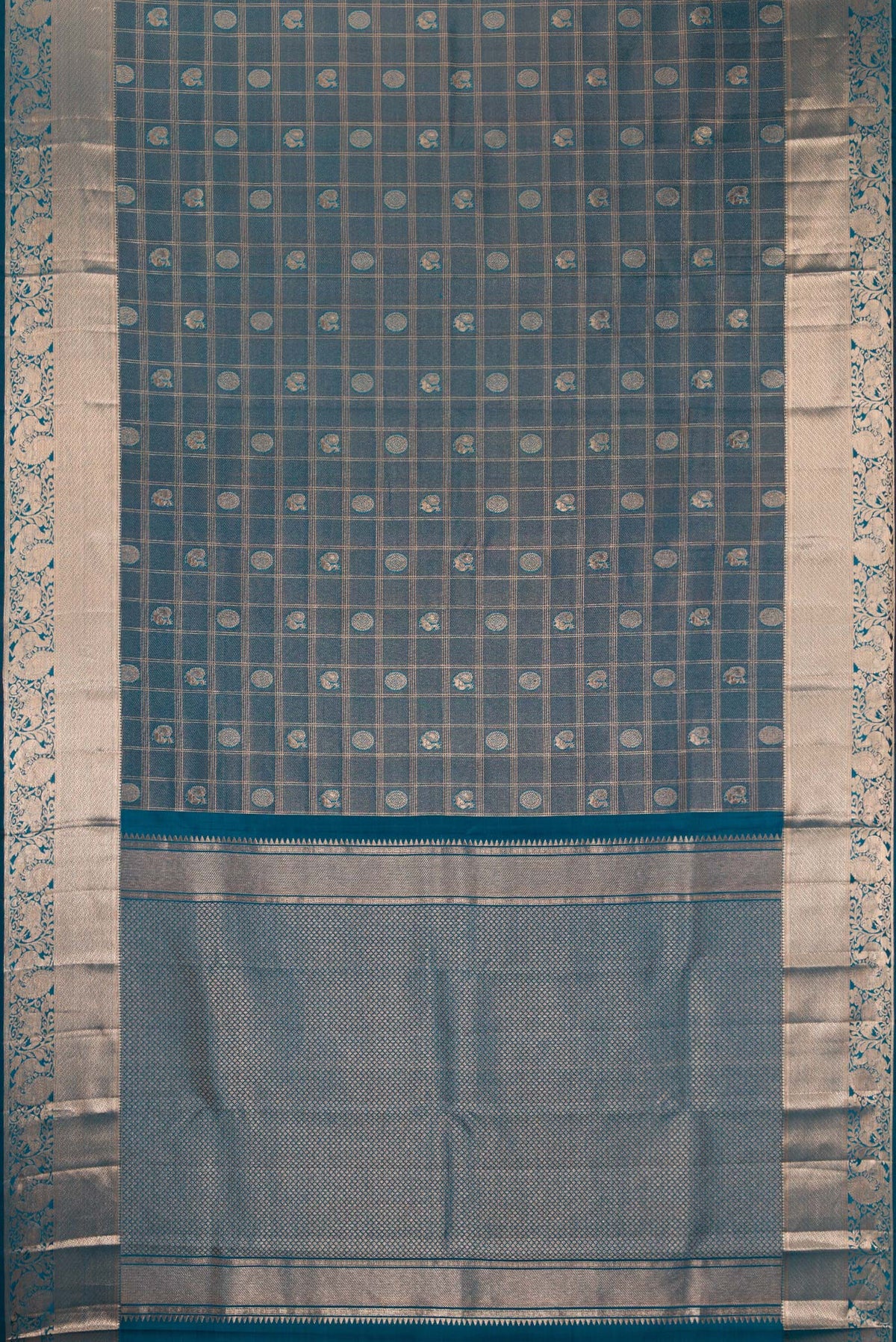 Flat view of Pure Silk Teal Dual Tone Kanchipuram Saree with Zari Brocade on the body and Zari Border. 