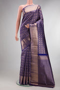 Pure Silk Dark Blue Kanchipuram Saree with Zari Brocade on the body and Zari Border.  displayed on a mannequin