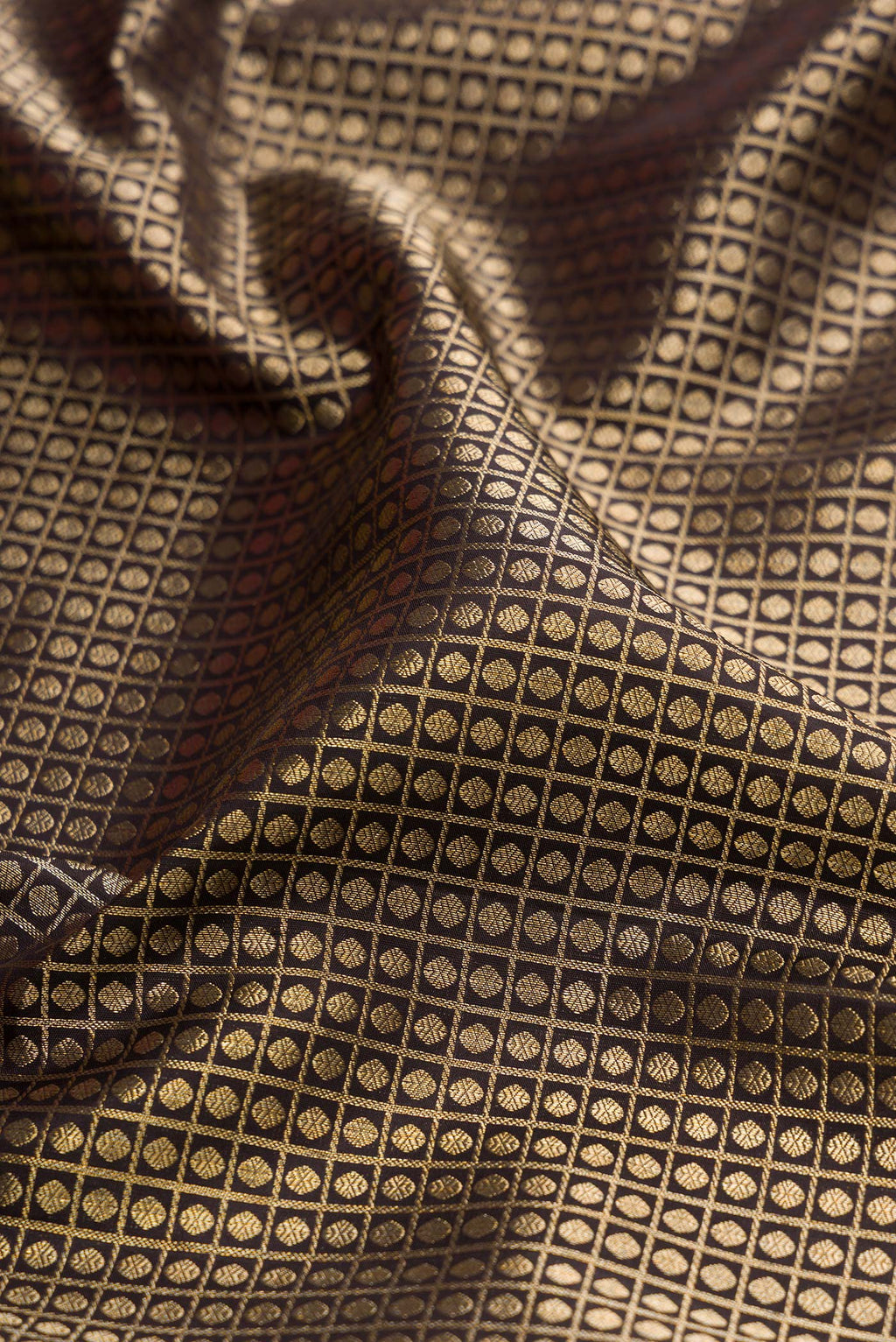 Close up of Coffee Brown Kanchipuram Silk Saree with Zari Brocade on the body and Zari Border.  displaying folds