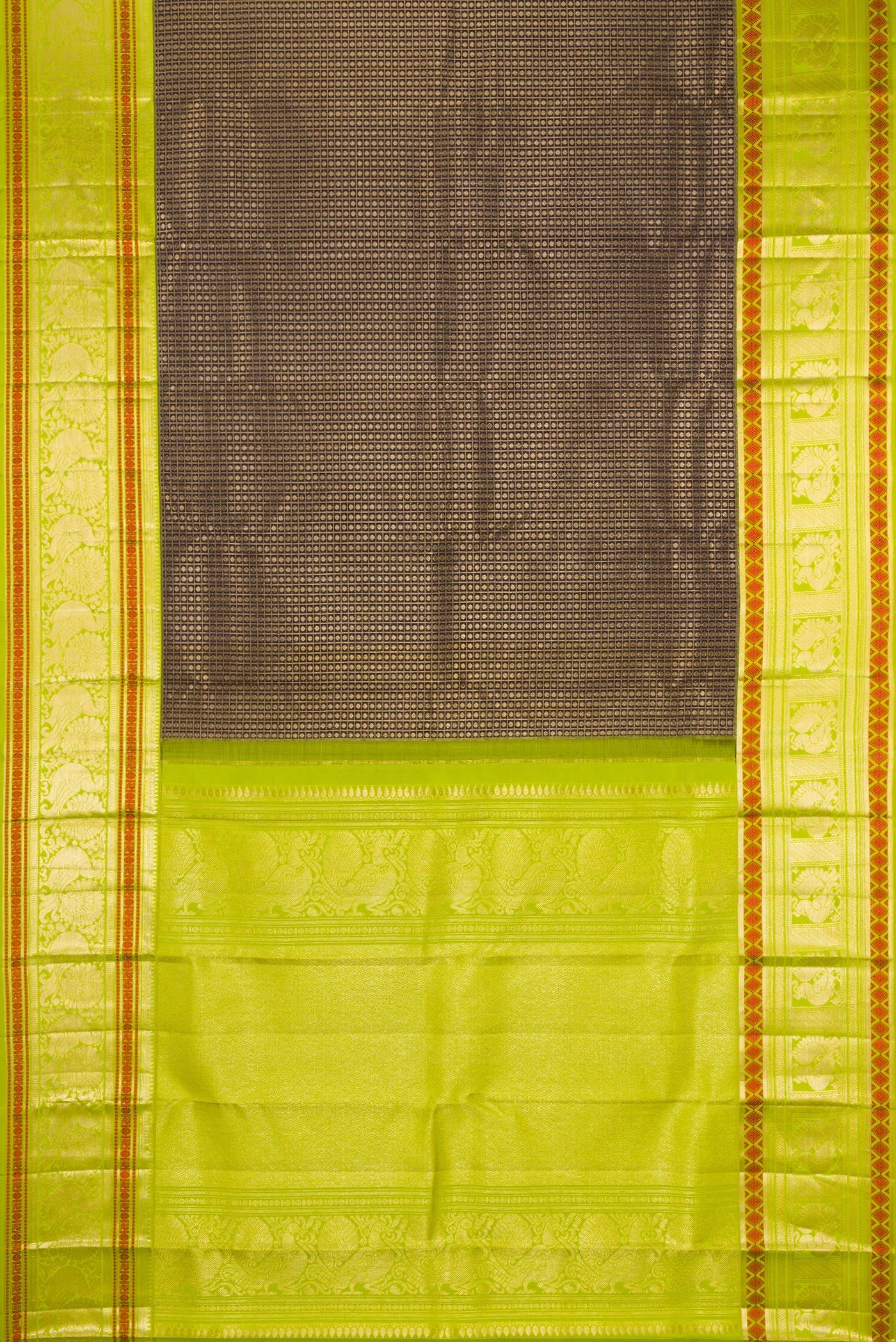 Flat view of Coffee Brown Kanchipuram Silk Saree with Zari Brocade on the body and Zari Border. 