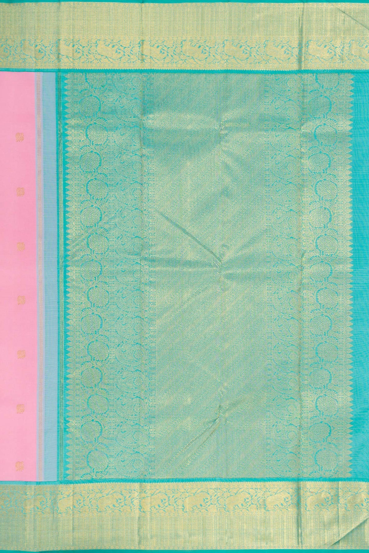 Close up image of the pallu of Pure Silk Pure Zari Pink Dual Tone Kanchipuram Saree with Zari Butta on the body and Zari Border. 