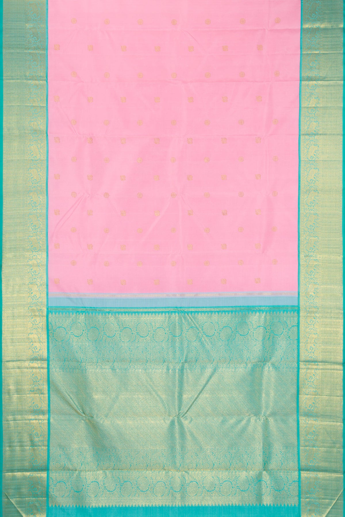 Flat view of Pure Silk Pure Zari Pink Dual Tone Kanchipuram Saree with Zari Butta on the body and Zari Border. 
