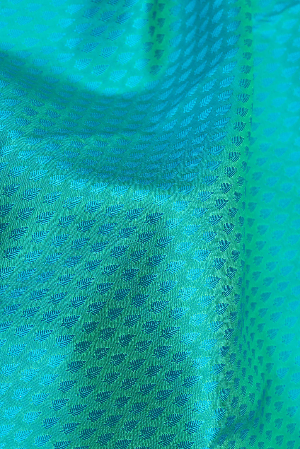 Close up of Pure Silk Sea Green Kanchipuram Saree with Jacquard design on the body and Zari Border.  displaying folds