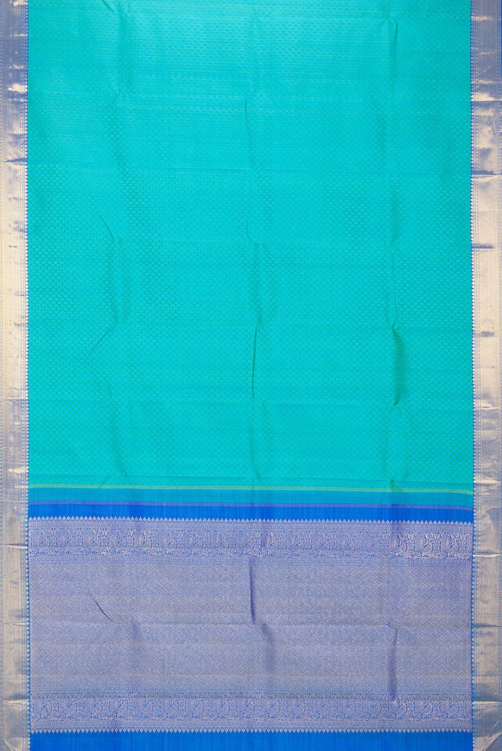 Flat view of Pure Silk Sea Green Kanchipuram Saree with Jacquard design on the body and Zari Border. 