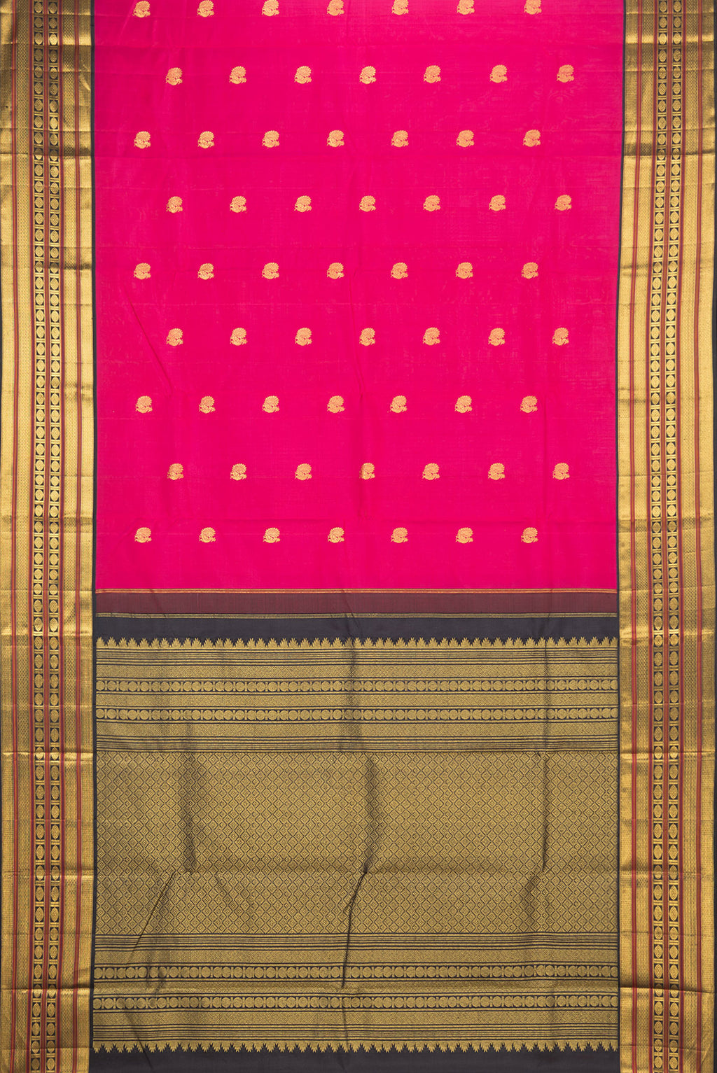 Flat view of Pure Silk Dark Pink Kanjivaram Saree with Zari Butta on the body and Zari Border. 