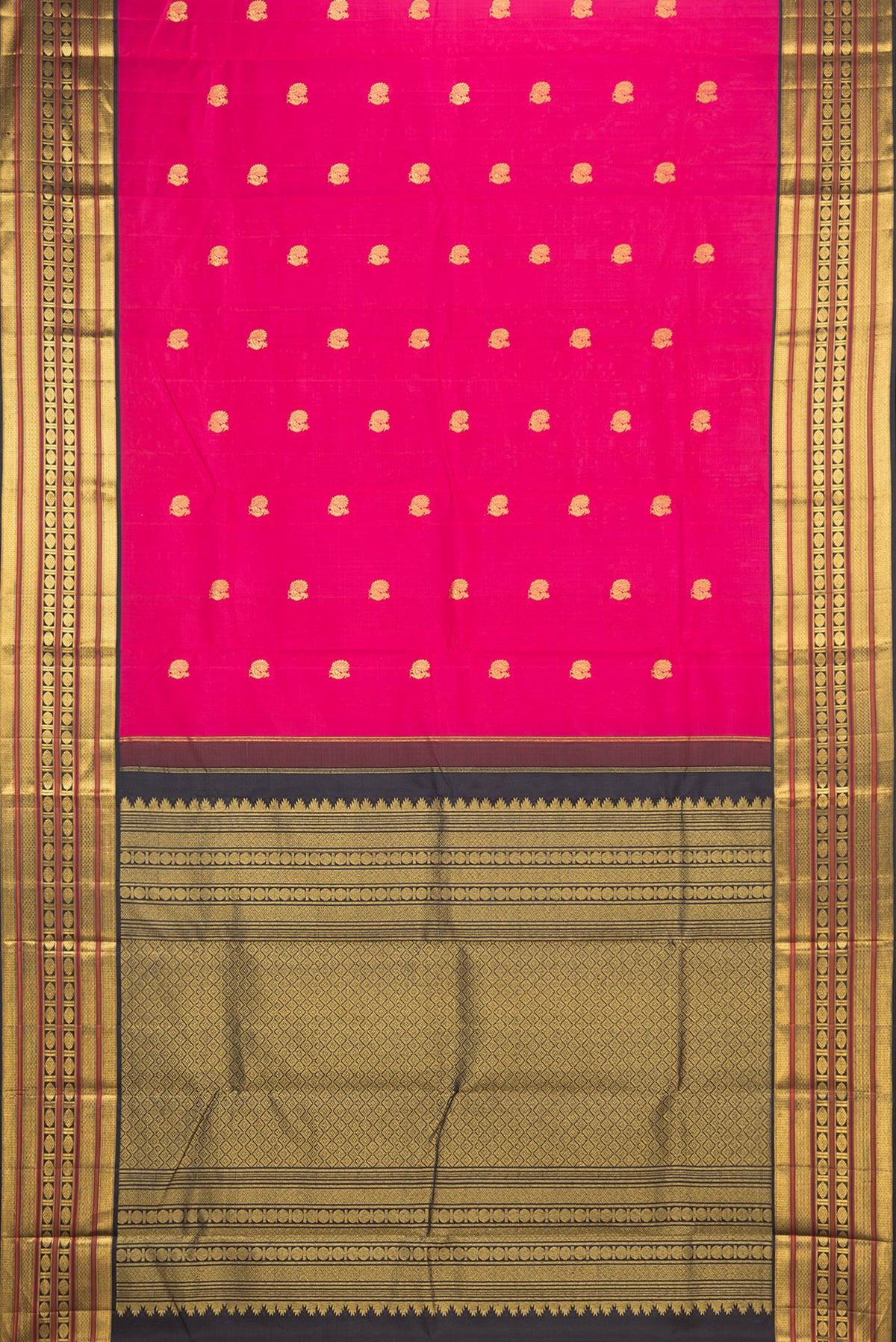 Flat view of Pure Silk Dark Pink Kanjivaram Saree with Zari Butta on the body and Zari Border. 