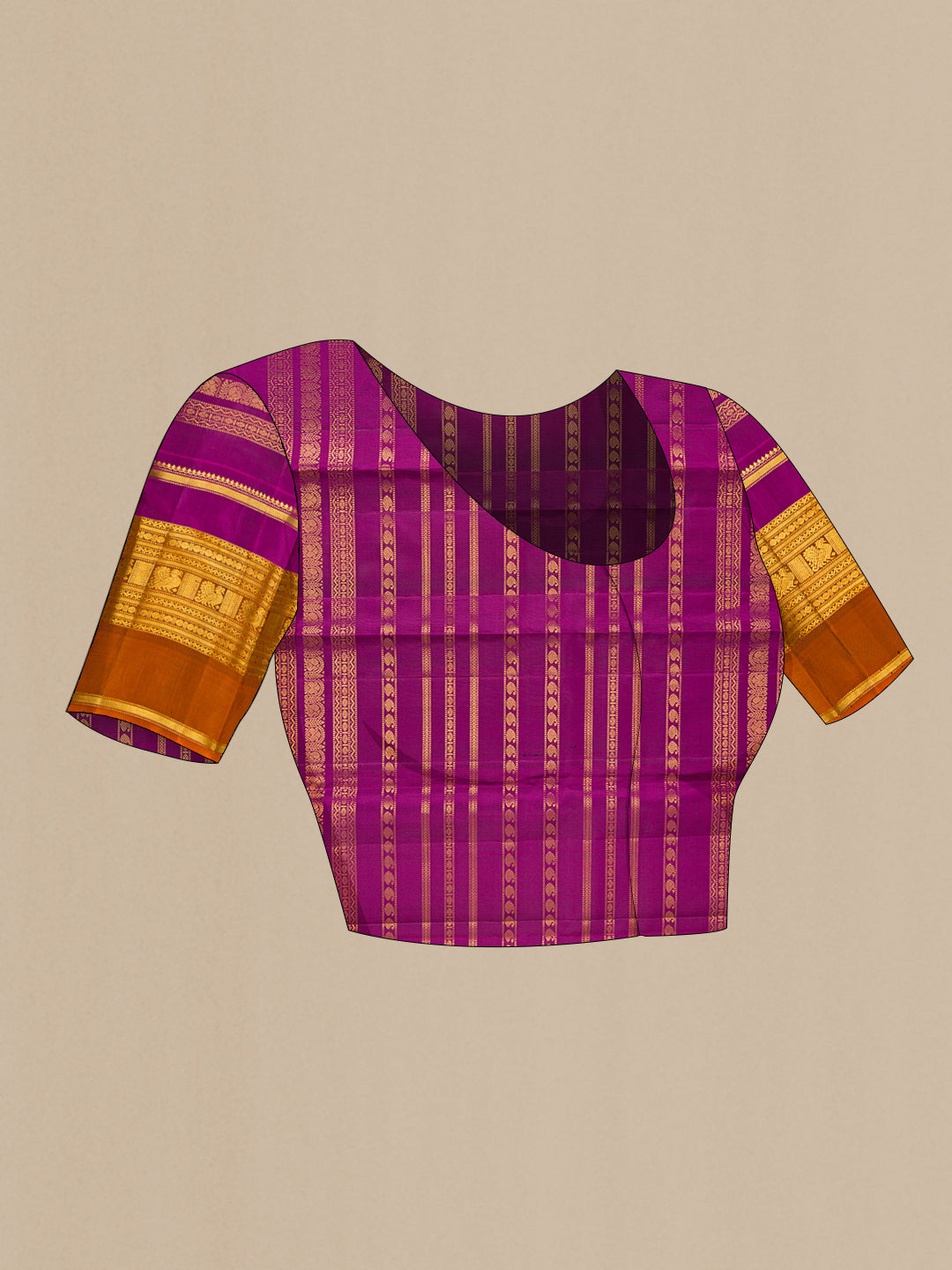 Close up image of the blouse of Mustard Kanchipuram Silk Saree with Stripes on the body and Ganga Jamuna Border. 