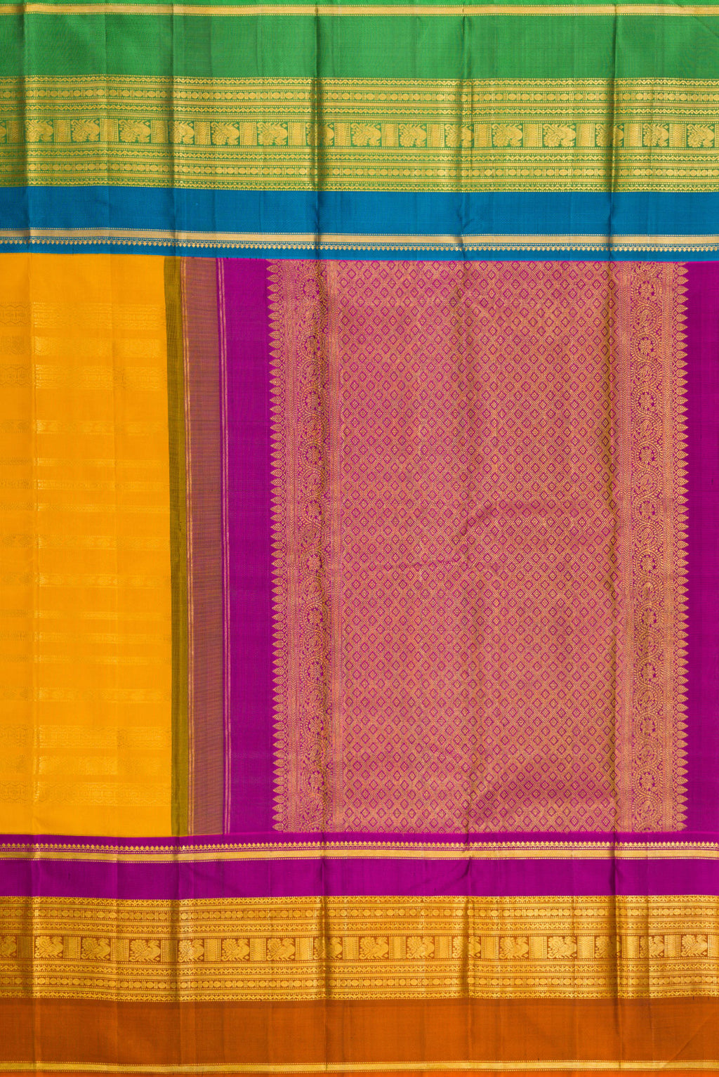 Close up image of the pallu of Mustard Kanchipuram Silk Saree with Stripes on the body and Ganga Jamuna Border. 