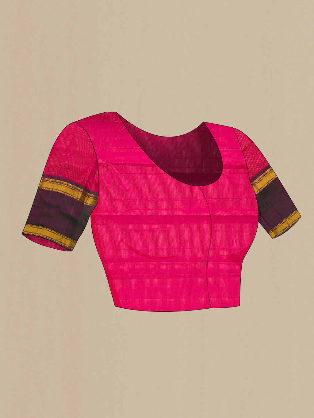 Close up image of the blouse of Magenta Kanjivaram Silk Saree with Stripes on the body and Ganga Jamuna Border. 