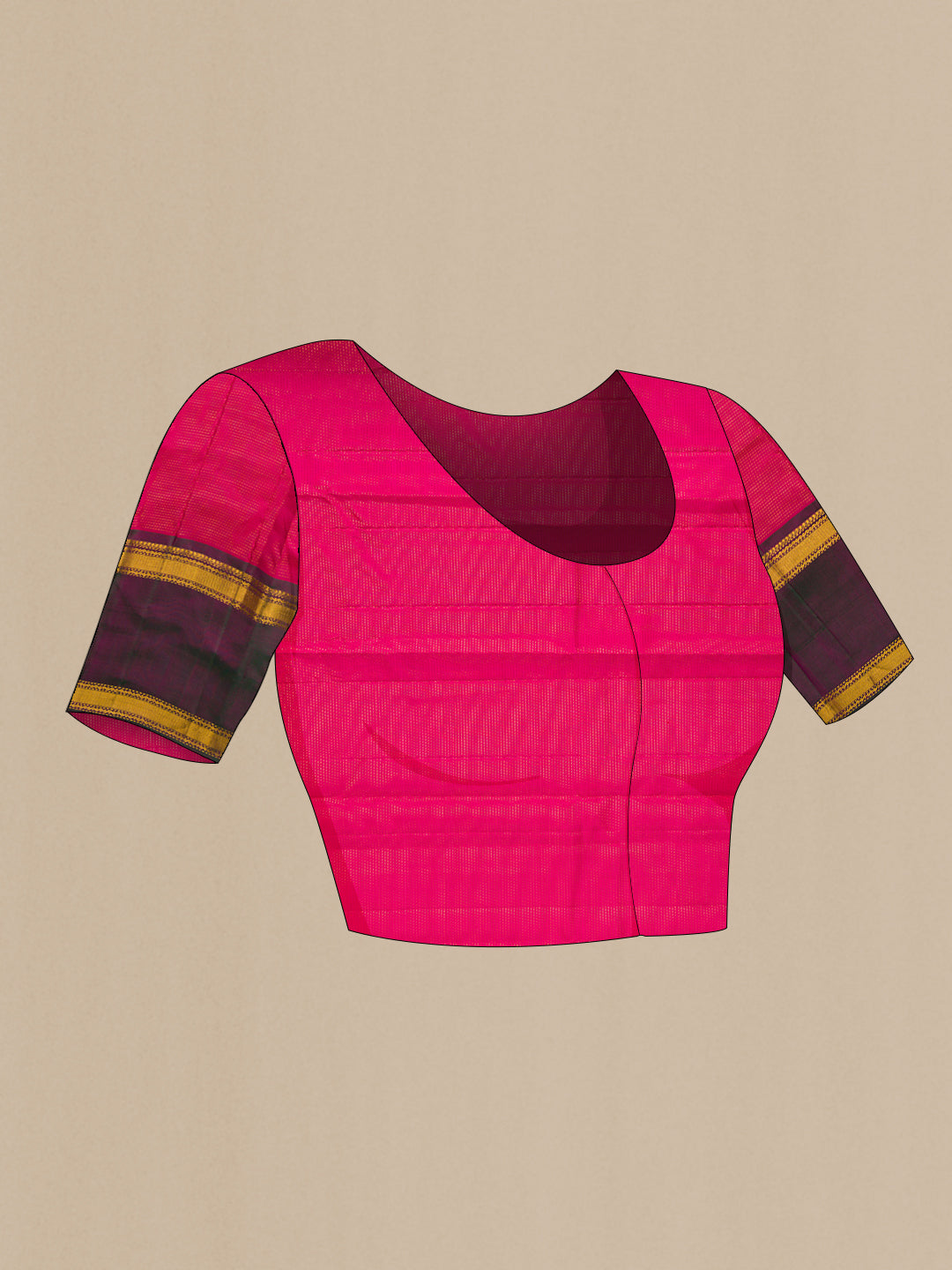 Close up image of the blouse of Magenta Kanjivaram Silk Saree with Stripes on the body and Ganga Jamuna Border. 