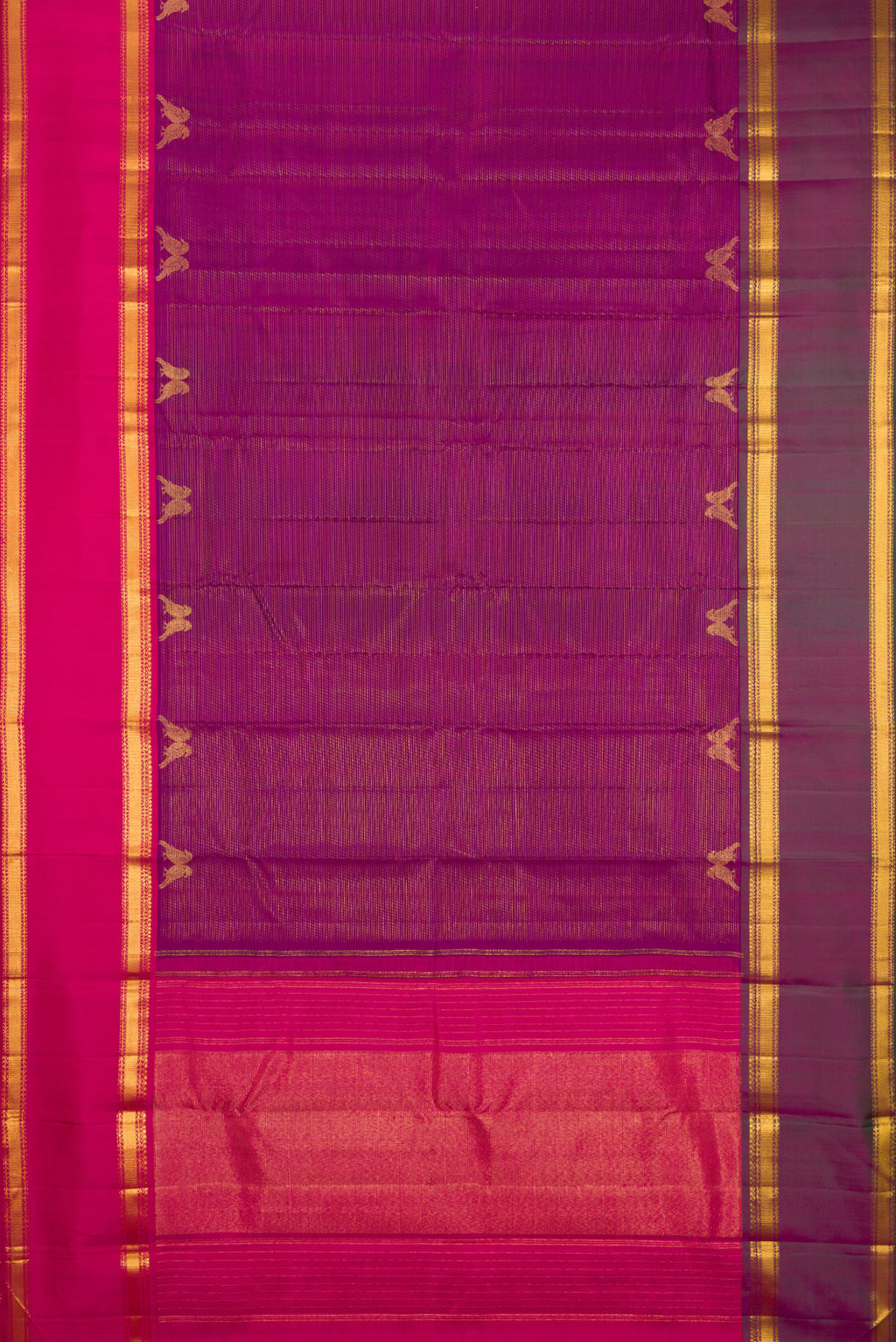 Flat view of Magenta Kanjivaram Silk Saree with Stripes on the body and Ganga Jamuna Border. 