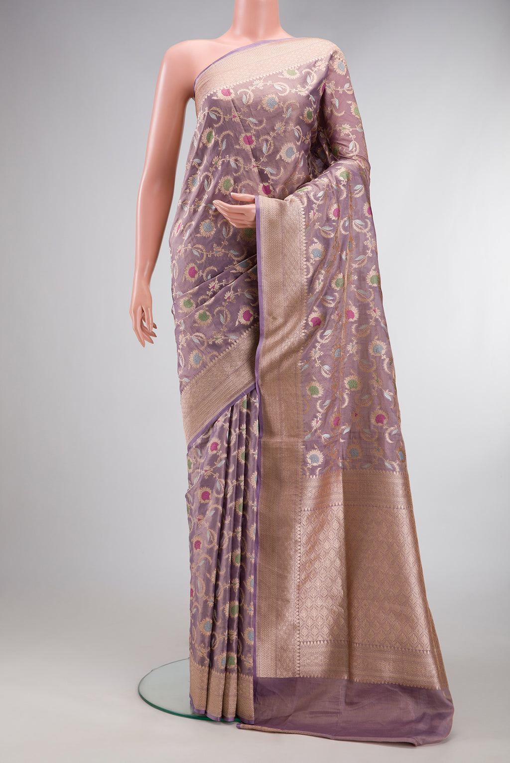 Lilac Dual Tone Banarasi Silk Saree with Zari Brocade on the body and Zari Border.  displayed on a mannequin