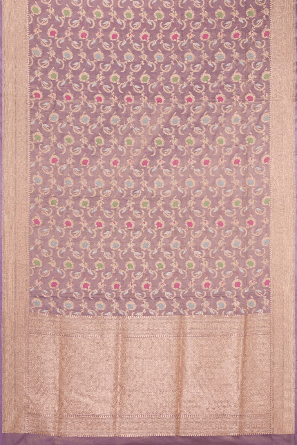 Flat view of Lilac Dual Tone Banarasi Silk Saree with Zari Brocade on the body and Zari Border. 