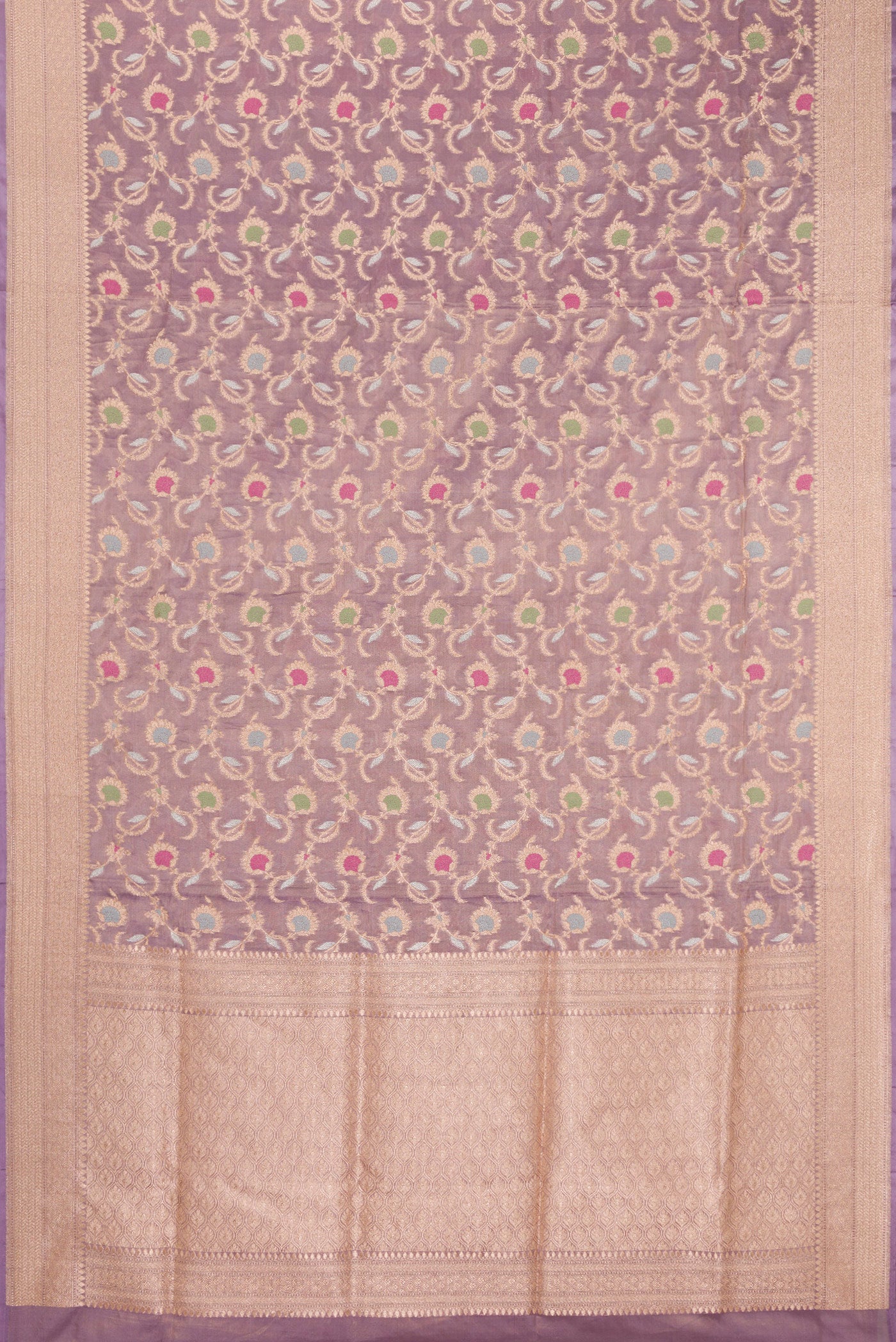 Flat view of Lilac Dual Tone Banarasi Silk Saree with Zari Brocade on the body and Zari Border. 