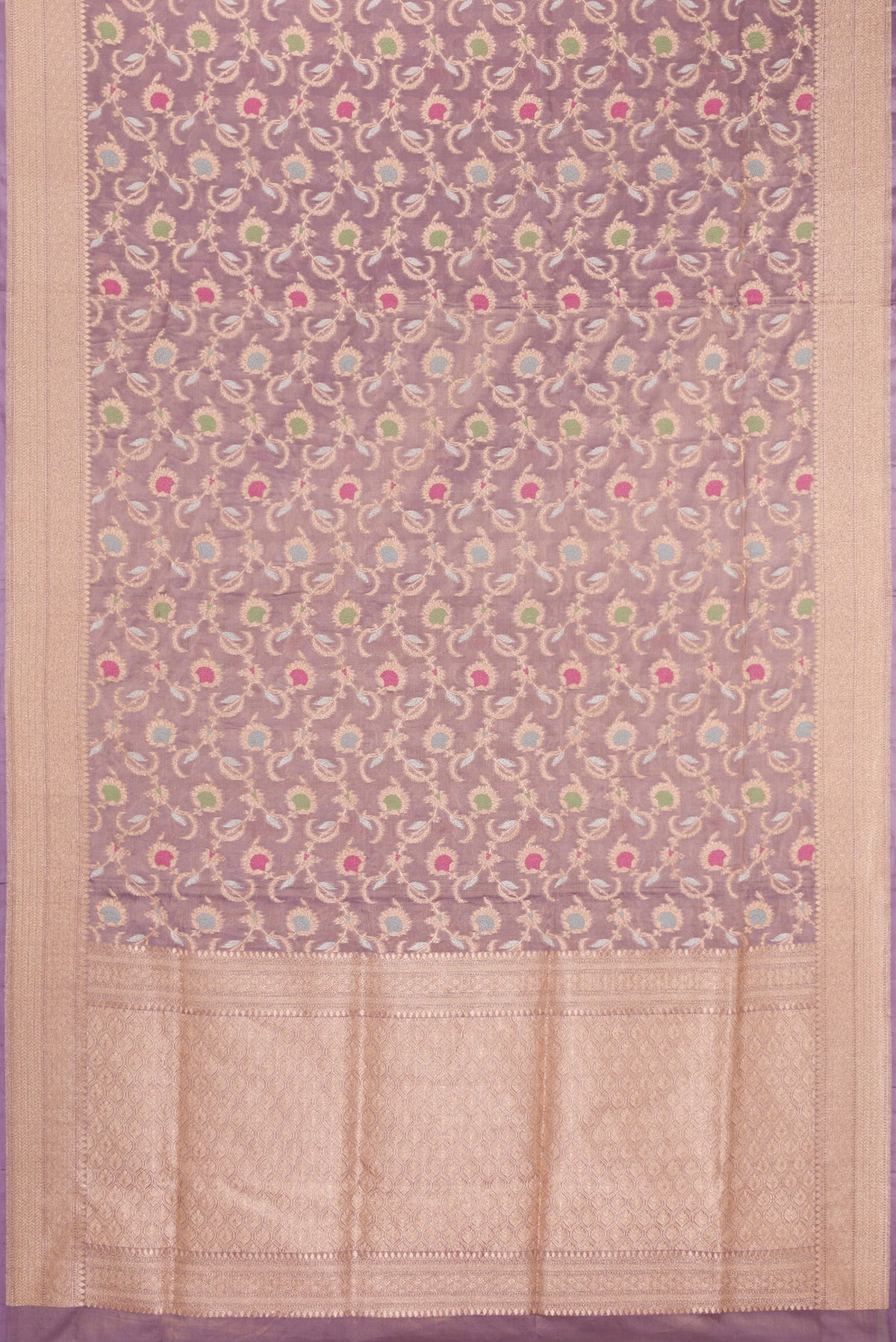 Flat view of Lilac Dual Tone Banarasi Silk Saree with Zari Brocade on the body and Zari Border. 