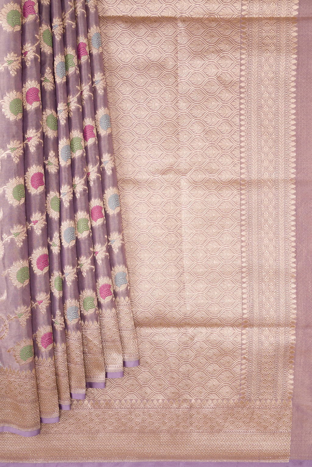Pleats and pallu of Lilac Dual Tone Banarasi Silk Saree with Zari Brocade on the body and Zari Border. 
