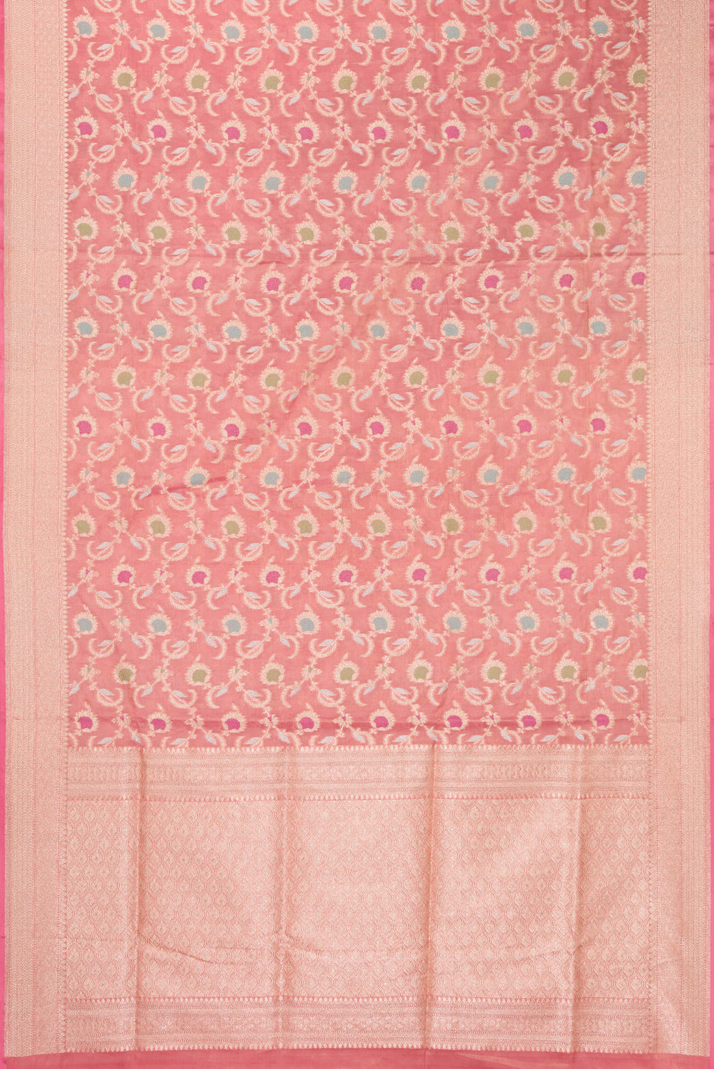 Flat view of Pink Dual Tone Banarasi Silk Saree with Zari Brocade on the body and Fancy Border. 