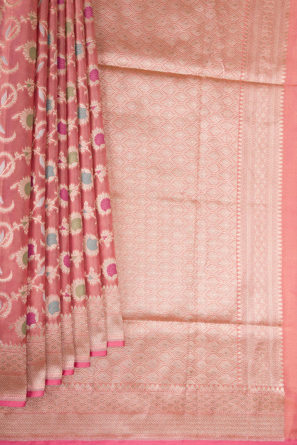 Pleats and pallu of Pink Dual Tone Banarasi Silk Saree with Zari Brocade on the body and Fancy Border. 