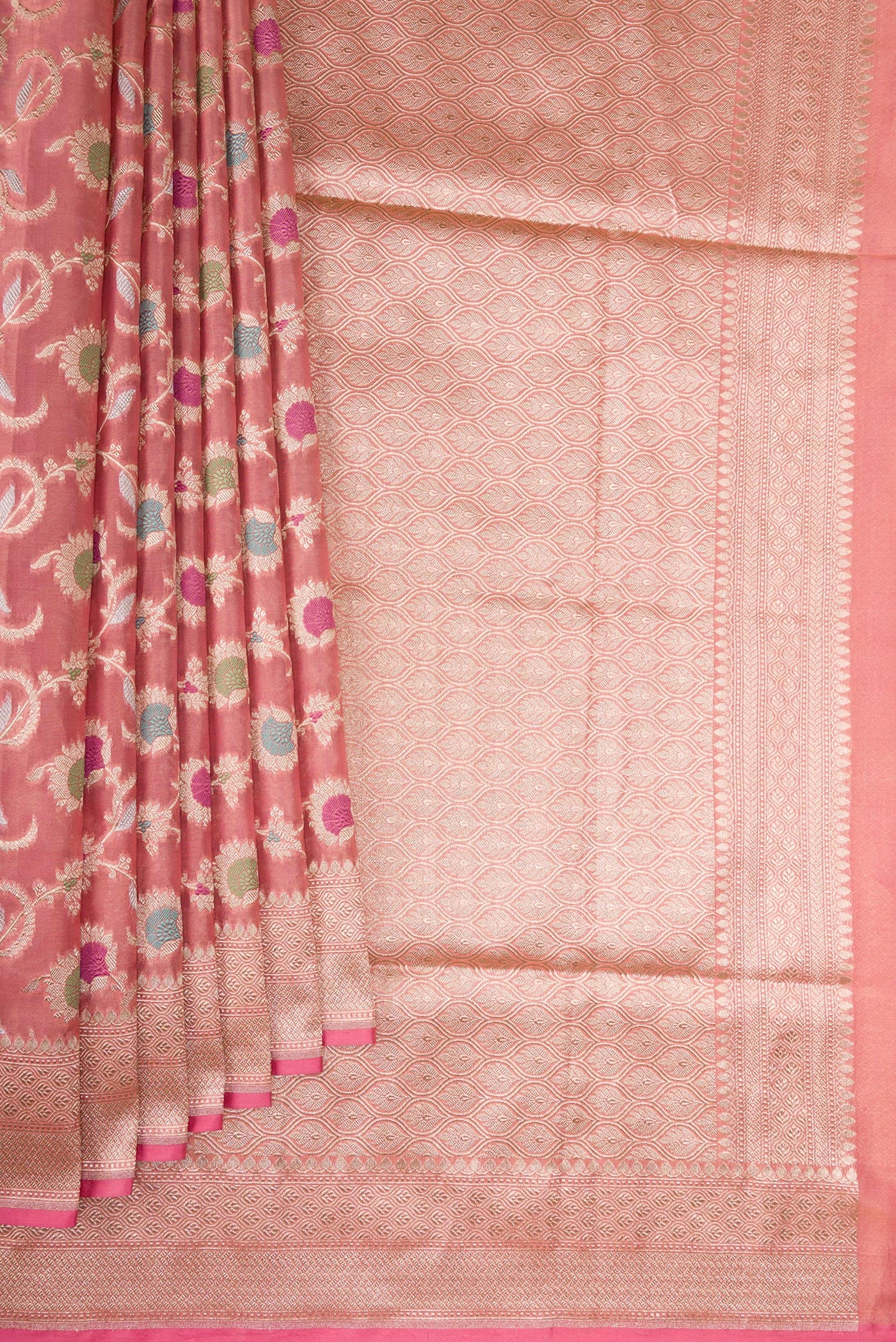 Pleats and pallu of Pink Dual Tone Banarasi Silk Saree with Zari Brocade on the body and Fancy Border. 