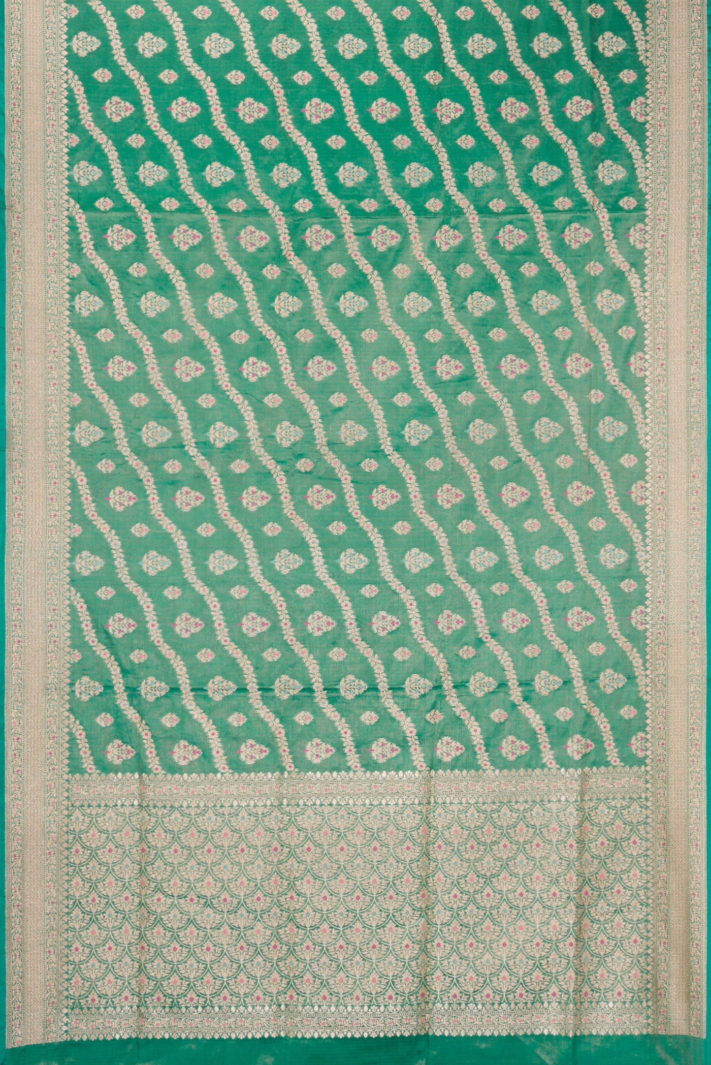 Flat view of Green Dual Tone Banarasi Silk Saree with Zari Brocade on the body and Fancy Border. 