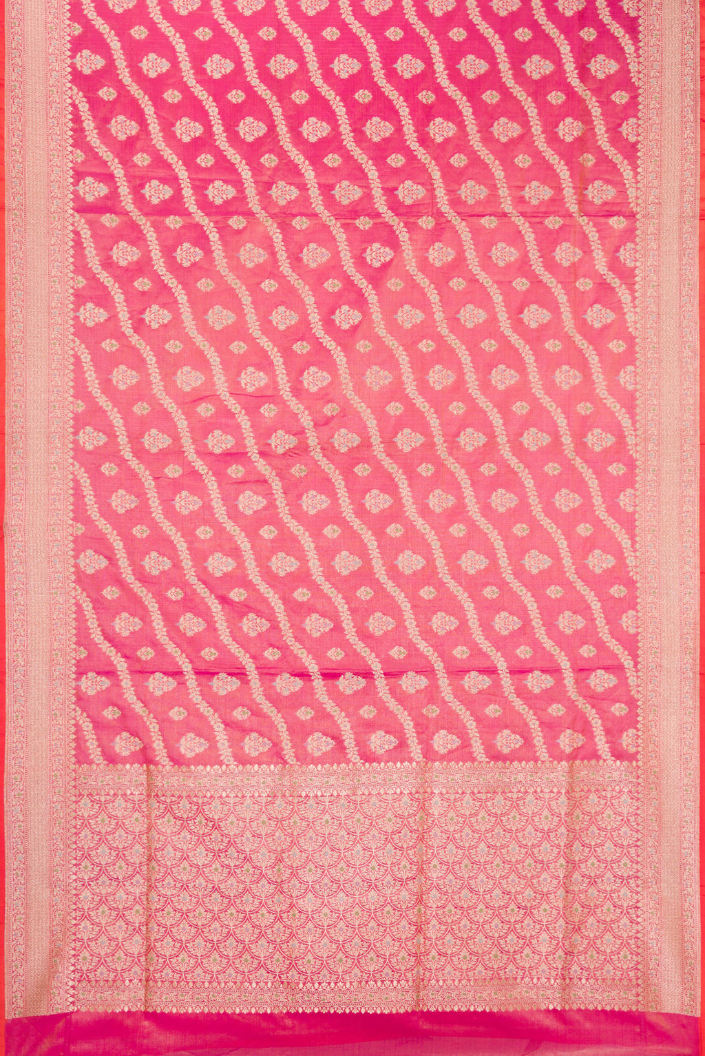 Flat view of Pink Dual Tone Banarasi Silk Saree with Zari Brocade on the body and Fancy Border. 