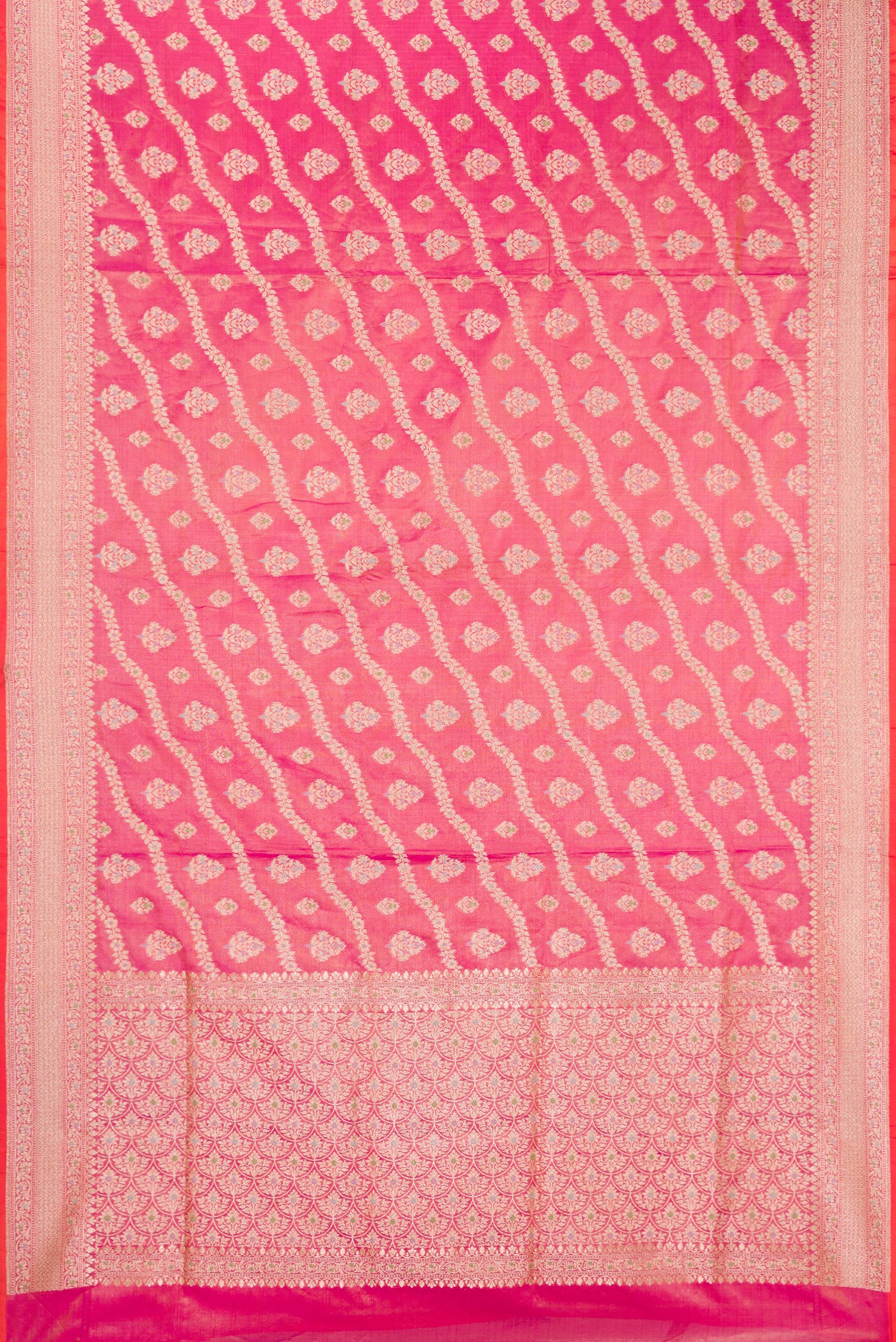 Flat view of Pink Dual Tone Banarasi Silk Saree with Zari Brocade on the body and Fancy Border. 