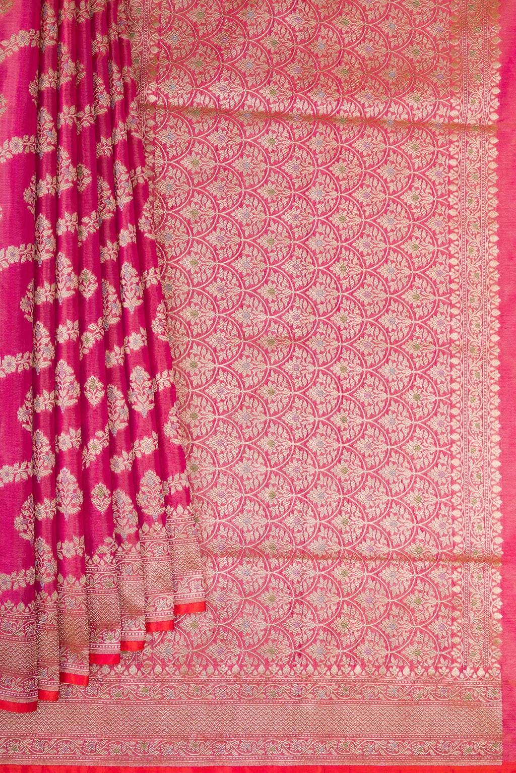 Pleats and pallu of Pink Dual Tone Banarasi Silk Saree with Zari Brocade on the body and Fancy Border. 
