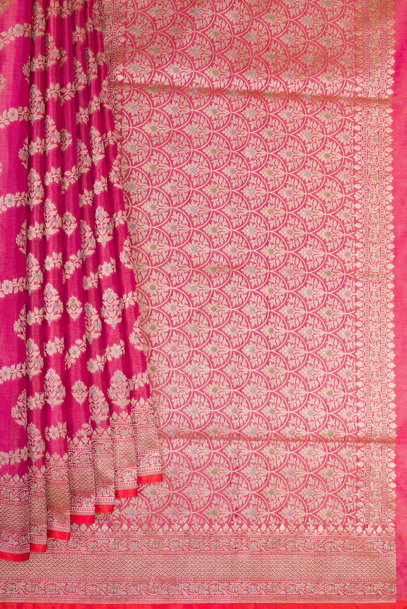 Pleats and pallu of Pink Dual Tone Banarasi Silk Saree with Zari Brocade on the body and Fancy Border. 
