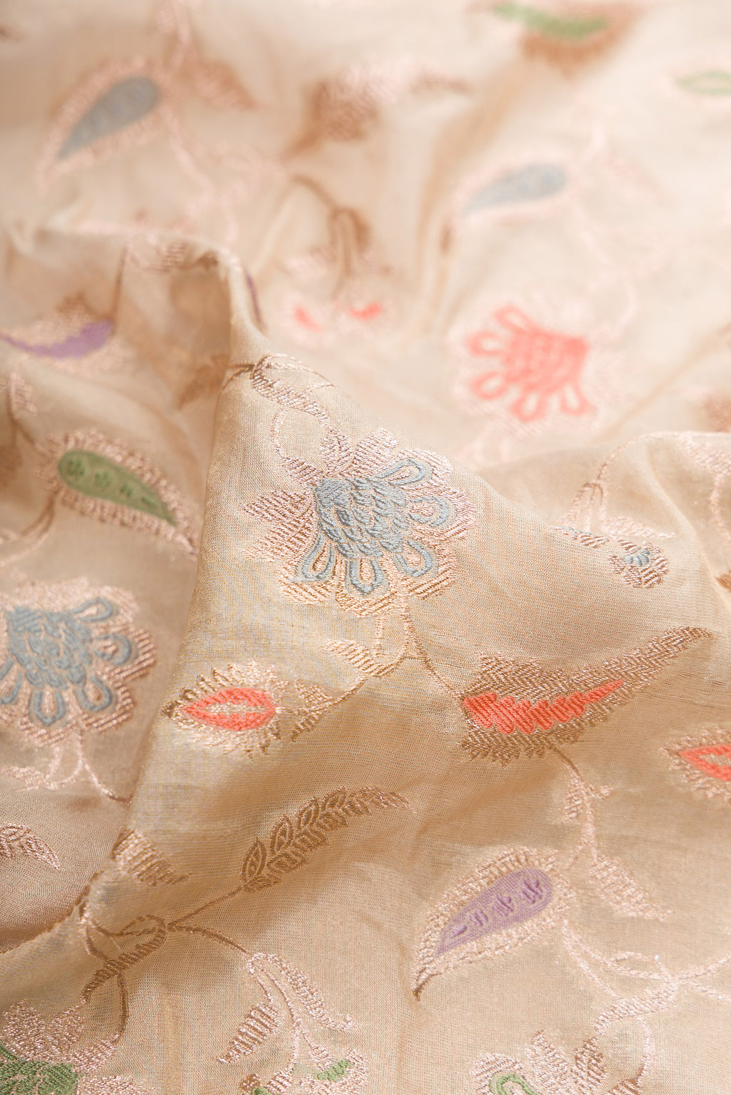 Close up of Beige Dual Tone Banarasi Silk Saree with Zari Brocade on the body and Fancy Border.  displaying folds
