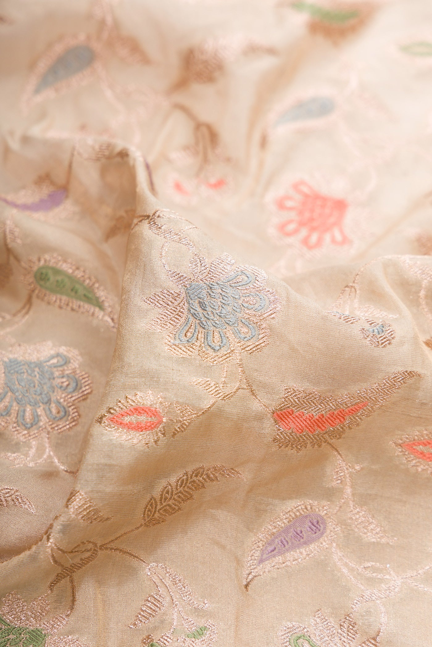 Close up of Beige Dual Tone Banarasi Silk Saree with Zari Brocade on the body and Fancy Border.  displaying folds