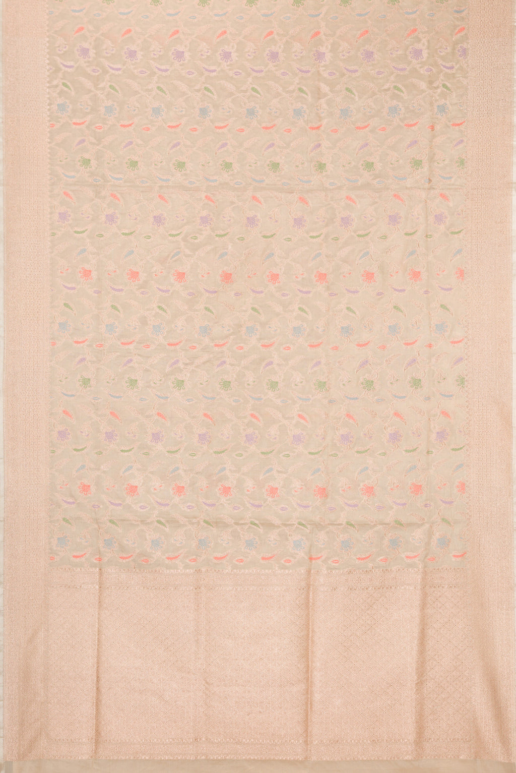 Flat view of Beige Dual Tone Banarasi Silk Saree with Zari Brocade on the body and Fancy Border. 