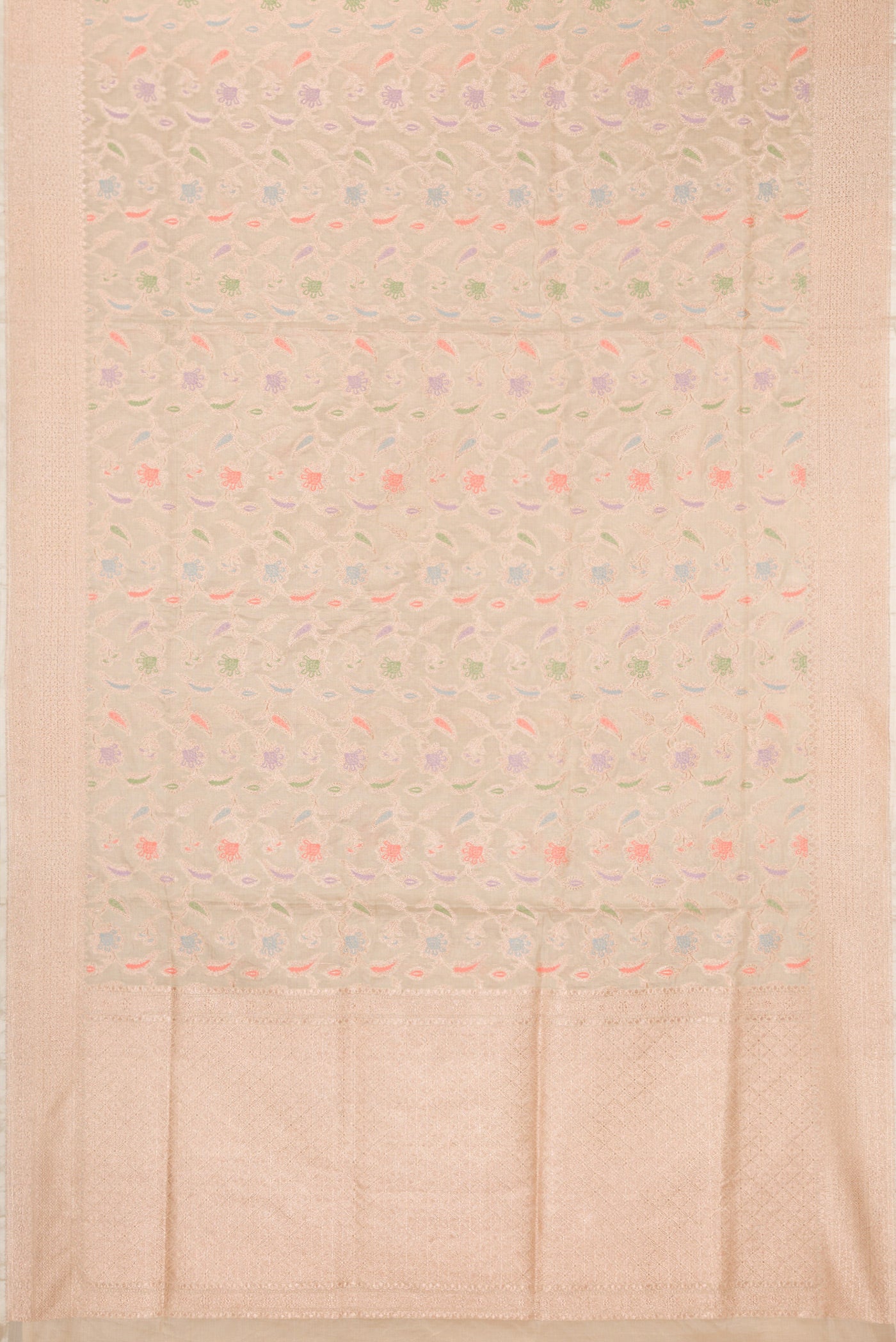 Flat view of Beige Dual Tone Banarasi Silk Saree with Zari Brocade on the body and Fancy Border. 
