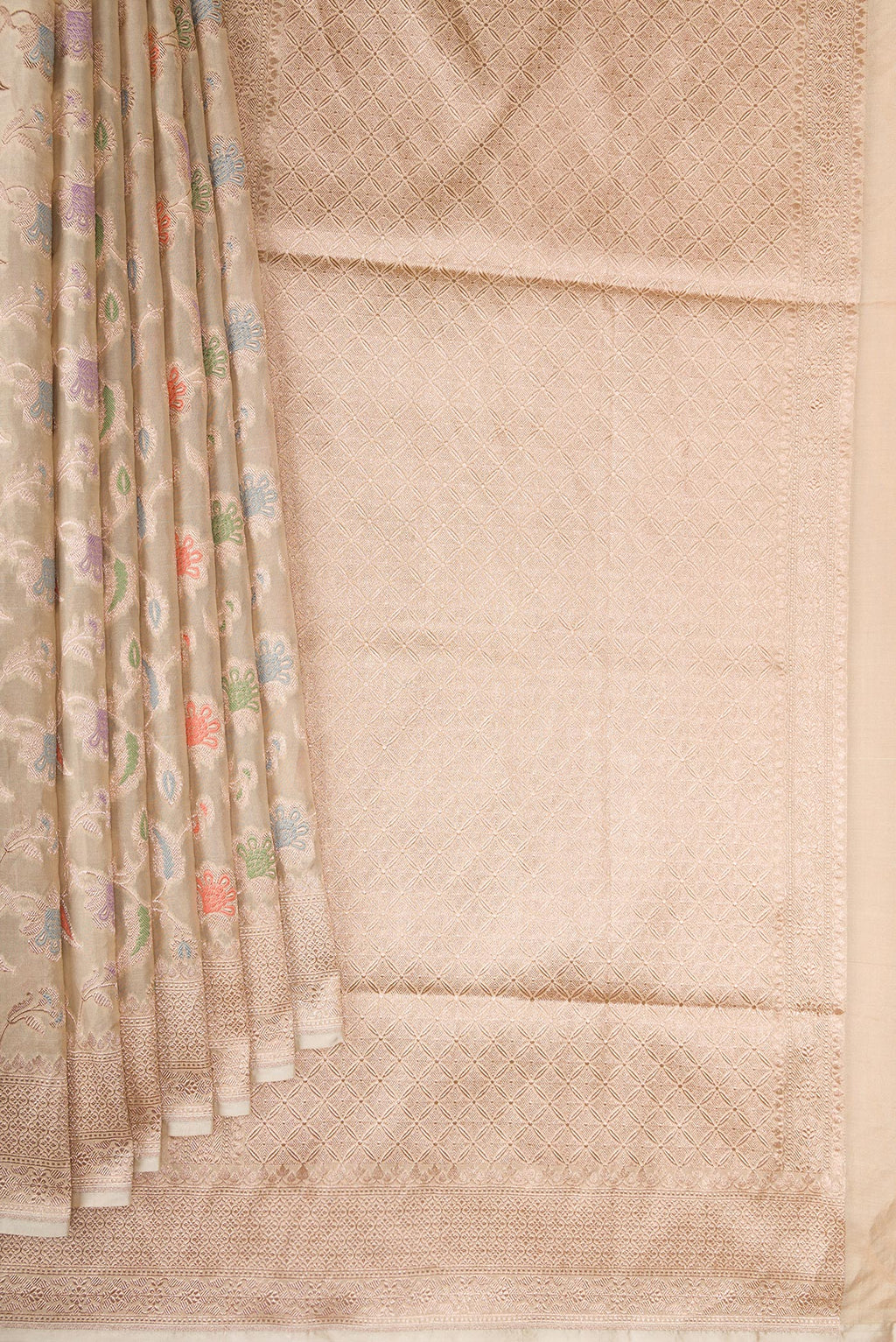 Pleats and pallu of Beige Dual Tone Banarasi Silk Saree with Zari Brocade on the body and Fancy Border. 