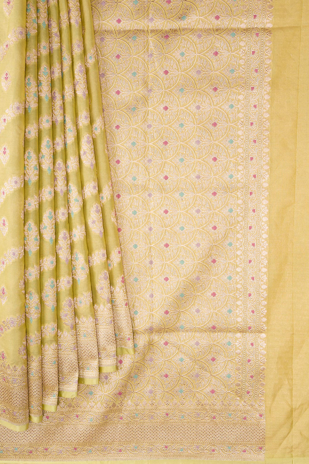 Pleats and pallu of Light Green Dual Tone Banarasi Silk Saree with Zari Brocade on the body and Zari Border. 