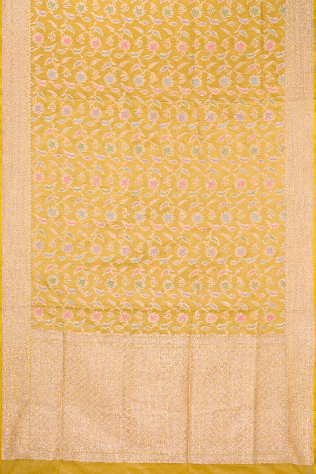 Flat view of Mehandi Green Dual Tone Banarasi Silk Saree with Zari Brocade on the body and Fancy Border. 