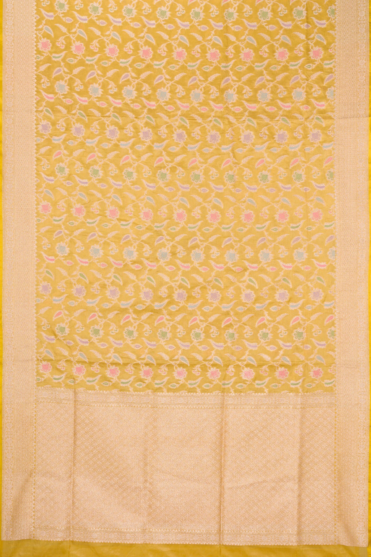 Flat view of Mehandi Green Dual Tone Banarasi Silk Saree with Zari Brocade on the body and Fancy Border. 