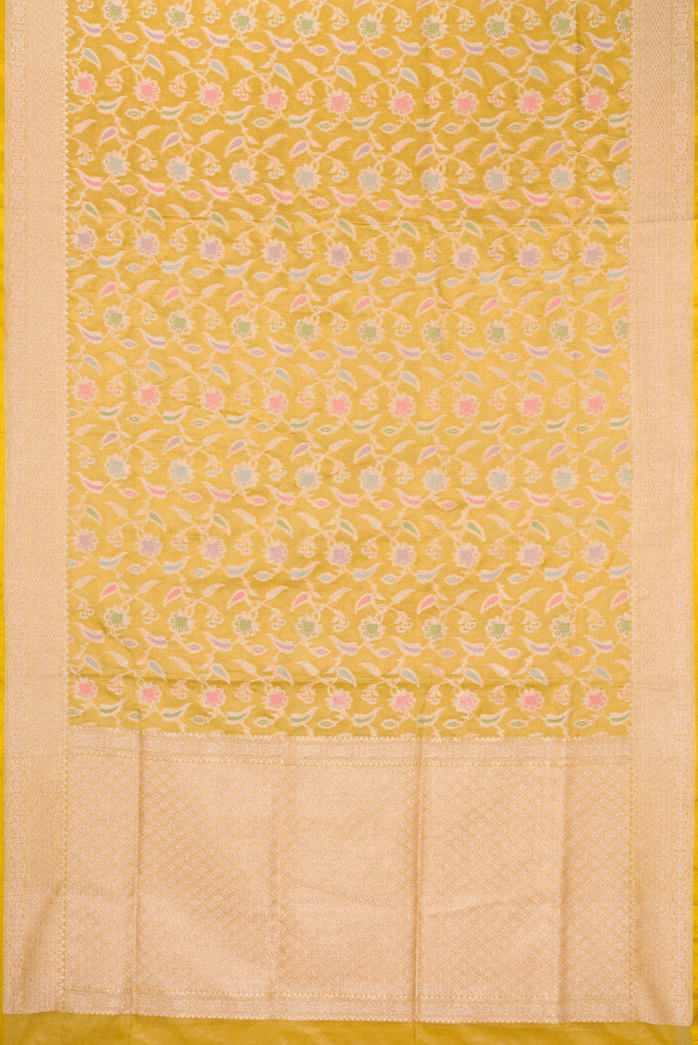 Flat view of Mehandi Green Dual Tone Banarasi Silk Saree with Zari Brocade on the body and Fancy Border. 