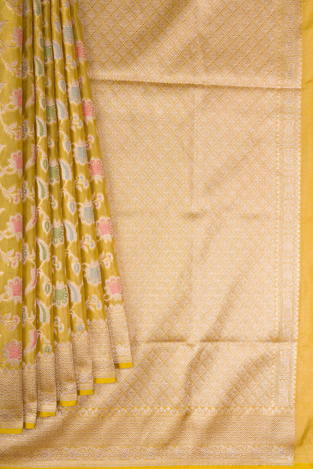 Pleats and pallu of Mehandi Green Dual Tone Banarasi Silk Saree with Zari Brocade on the body and Fancy Border. 